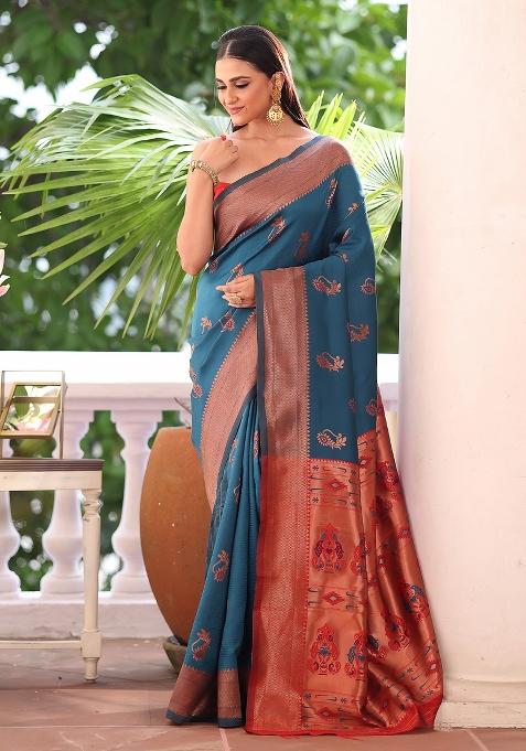 Teal Woven Silk Blend Saree Set