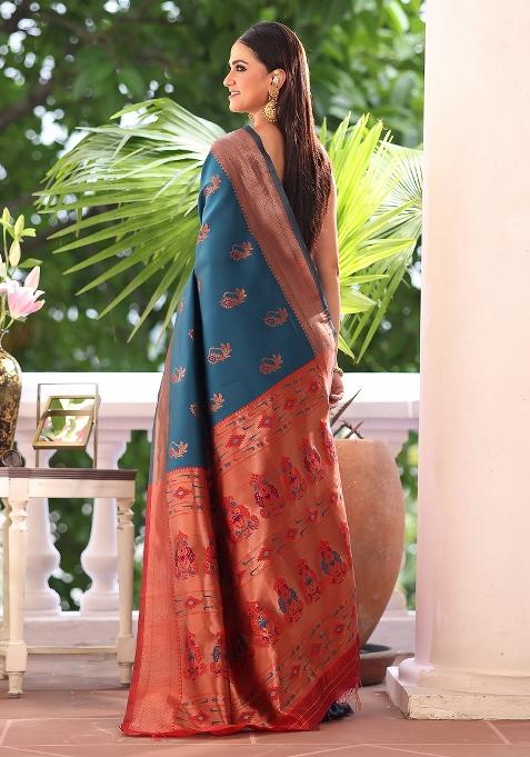 Teal Woven Silk Blend Saree Set