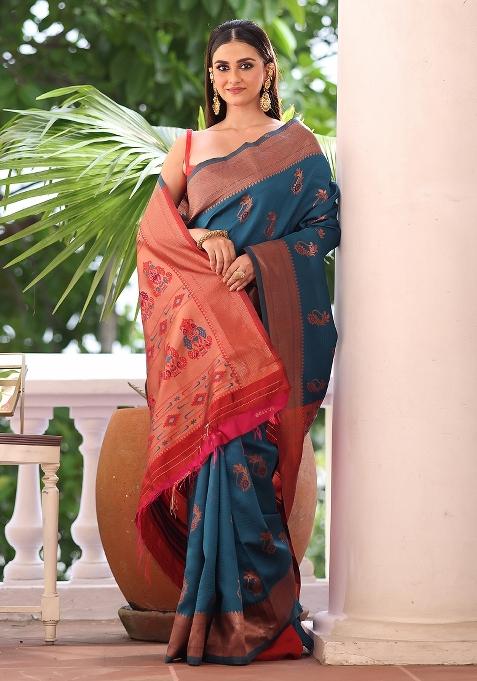 Teal Woven Silk Blend Saree Set