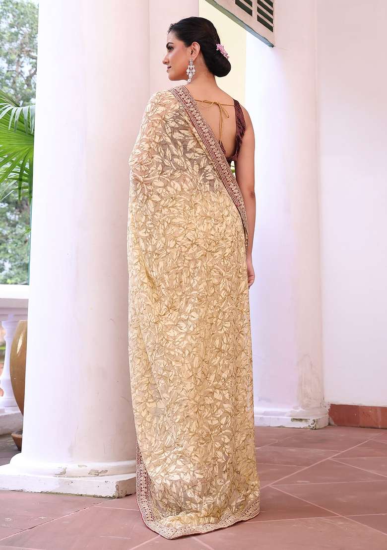 Beige Embroidered Silk Blend Saree Set - Indya