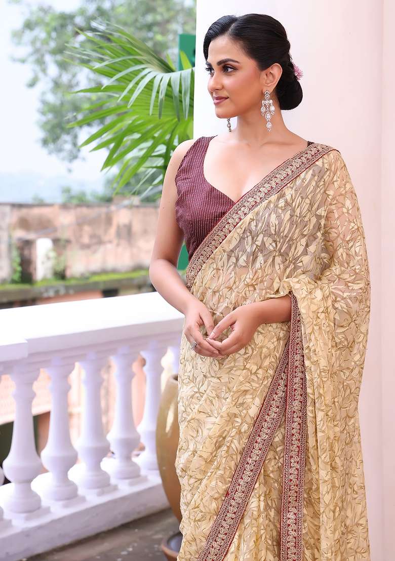 Beige Embroidered Silk Blend Saree Set - Indya