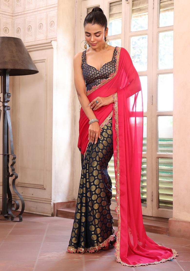 Pink Embellished Silk Blend Saree Set