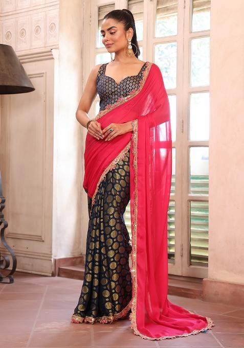 Pink Embellished Silk Blend Saree Set