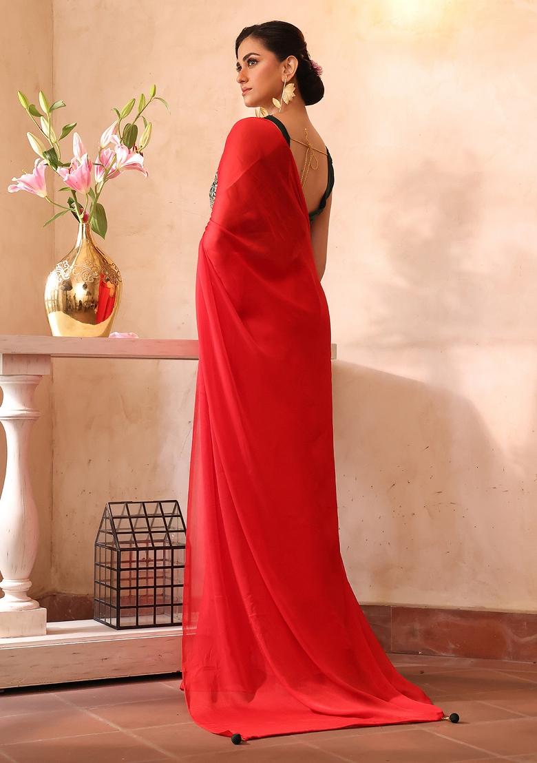 Red Embellished Silk Blend Saree Set