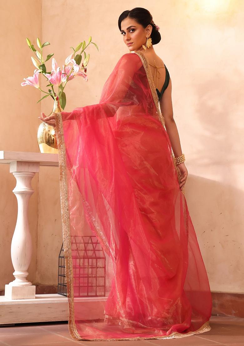 Pink Embellished Silk Blend Saree Set