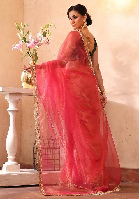 Pink Embellished Silk Blend Saree Set