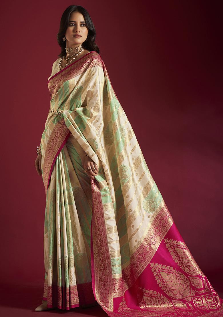 Cream And Sea Green Weaving Border Silk Saree Set