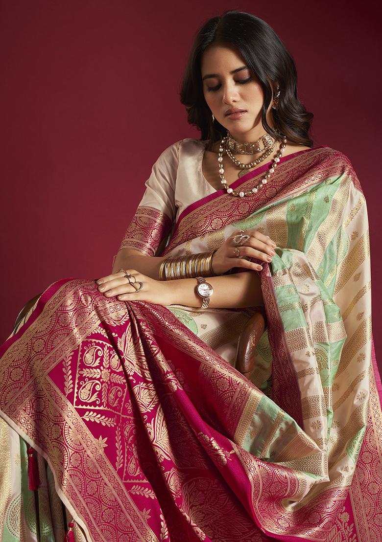 Cream And Sea Green Weaving Border Silk Saree Set