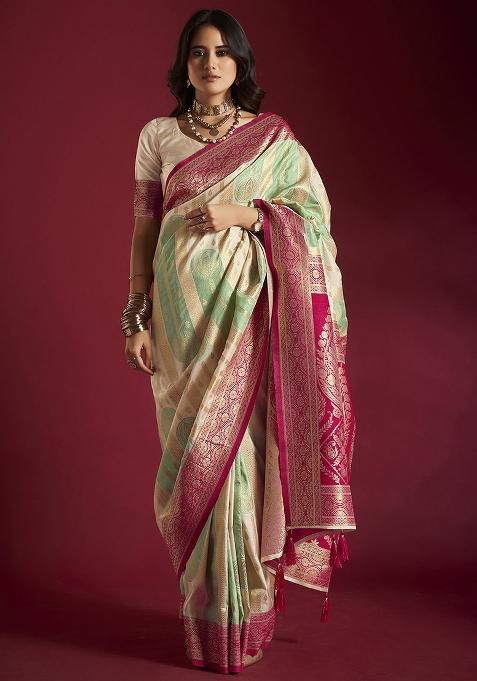 Cream And Sea Green Weaving Border Silk Saree Set