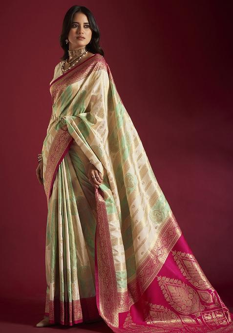 Cream And Sea Green Weaving Border Silk Saree Set