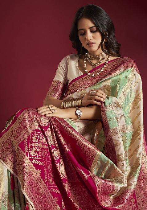 Cream And Sea Green Weaving Border Silk Saree Set