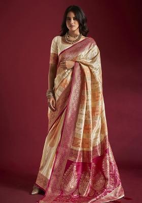 Cream And Orange Weaving Border Silk Saree Set