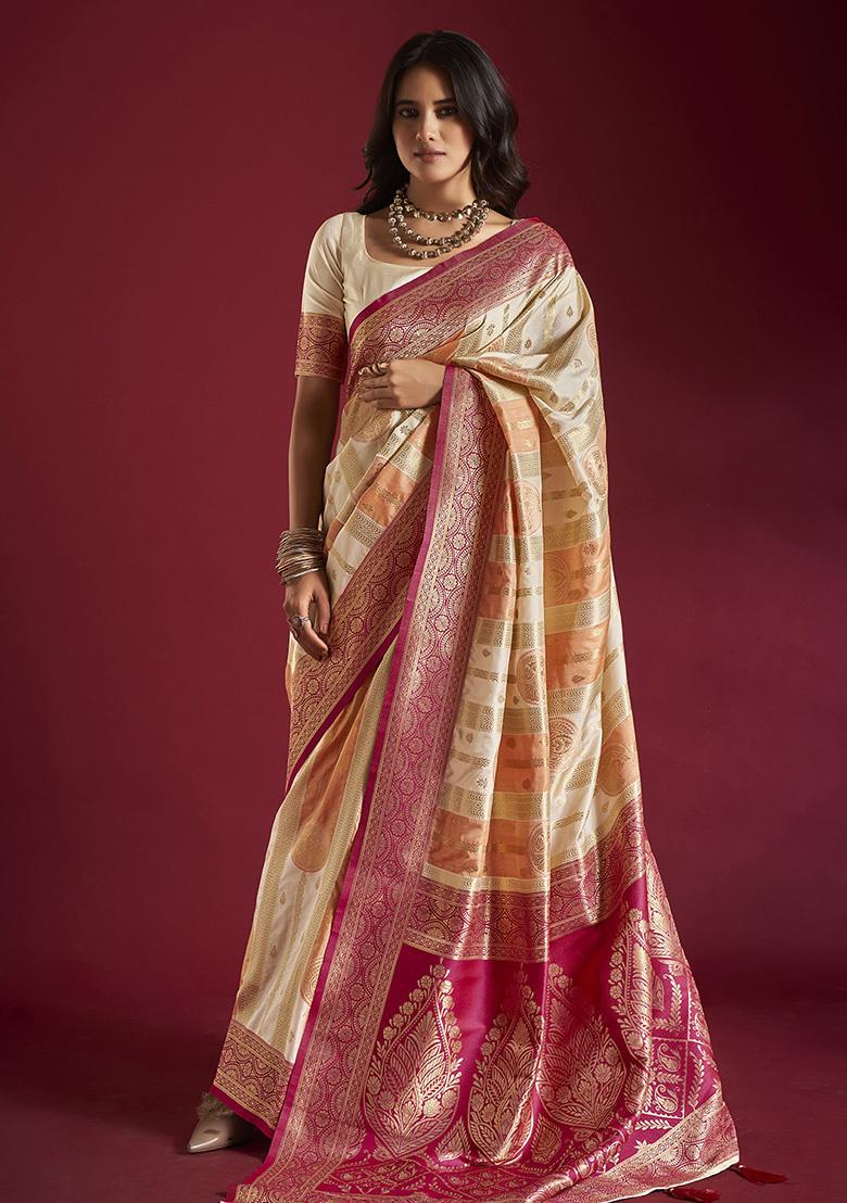 Cream And Orange Weaving Border Silk Saree Set