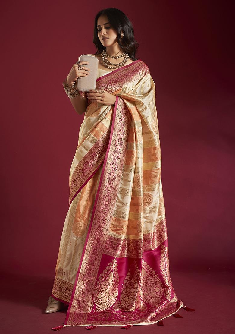 Cream And Orange Weaving Border Silk Saree Set