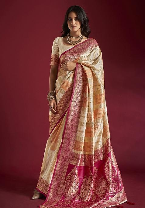 Cream And Orange Weaving Border Silk Saree Set