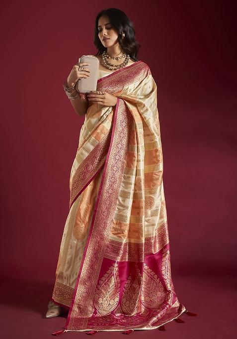 Cream And Orange Weaving Border Silk Saree Set
