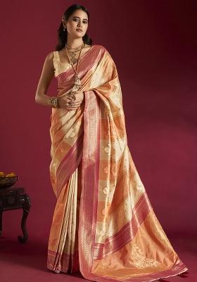 Cream And Orange Weaving Border Silk Saree Set