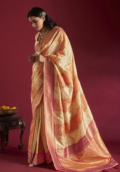 Cream And Orange Weaving Border Silk Saree Set