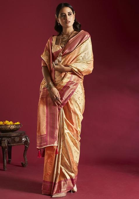 Cream And Orange Weaving Border Silk Saree Set