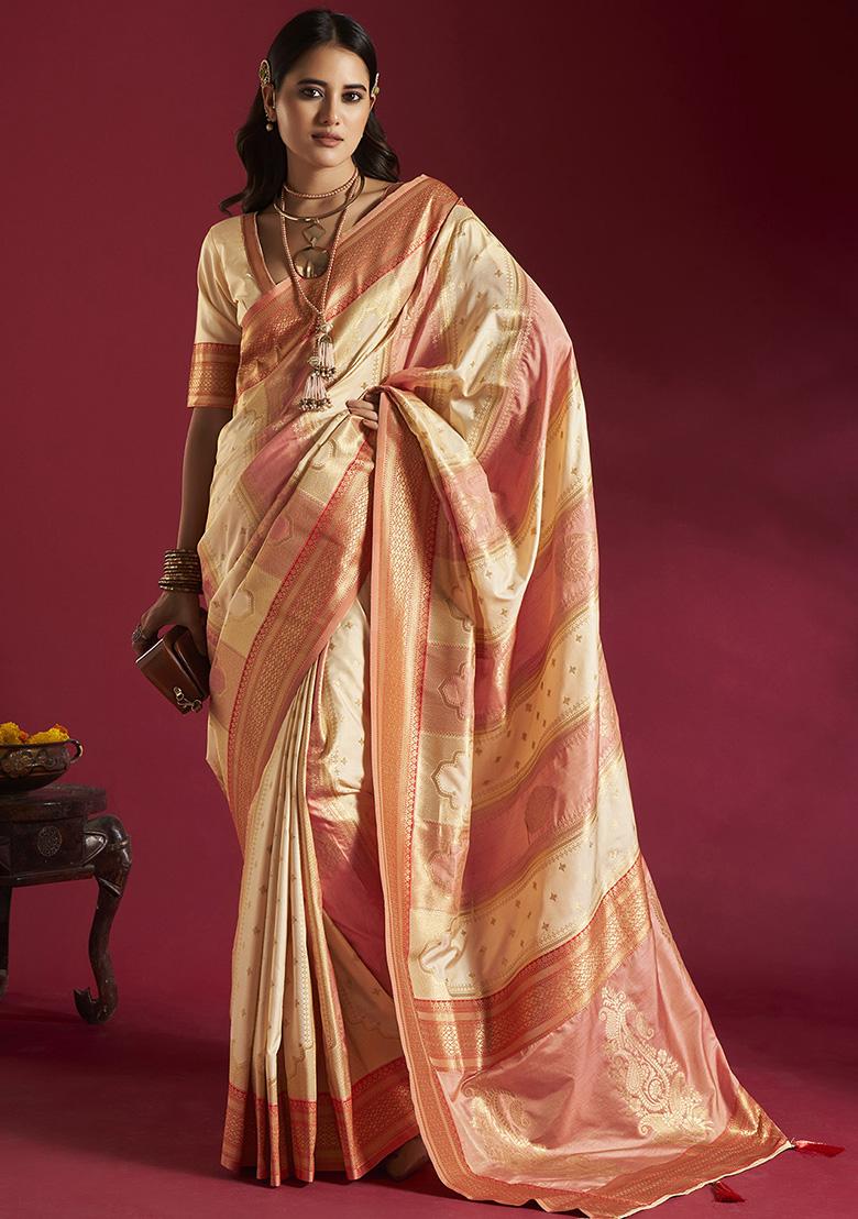 Cream And Pink Weaving Border Silk Saree Set