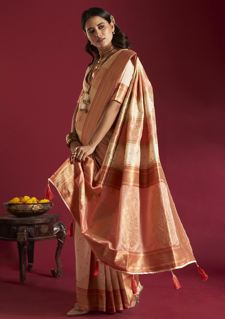 Cream And Pink Weaving Border Silk Saree Set - Indya