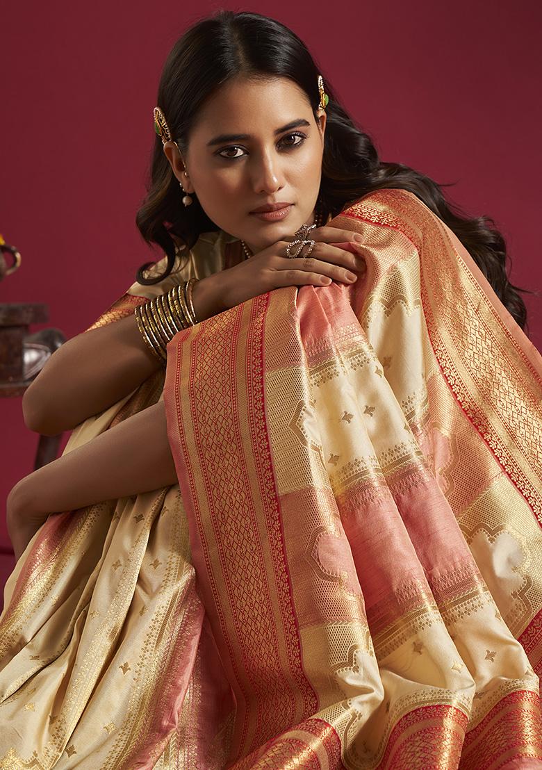 Cream And Pink Weaving Border Silk Saree Set