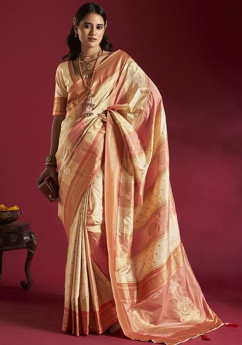 Cream And Pink Weaving Border Silk Saree Set