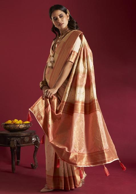 Cream And Pink Weaving Border Silk Saree Set