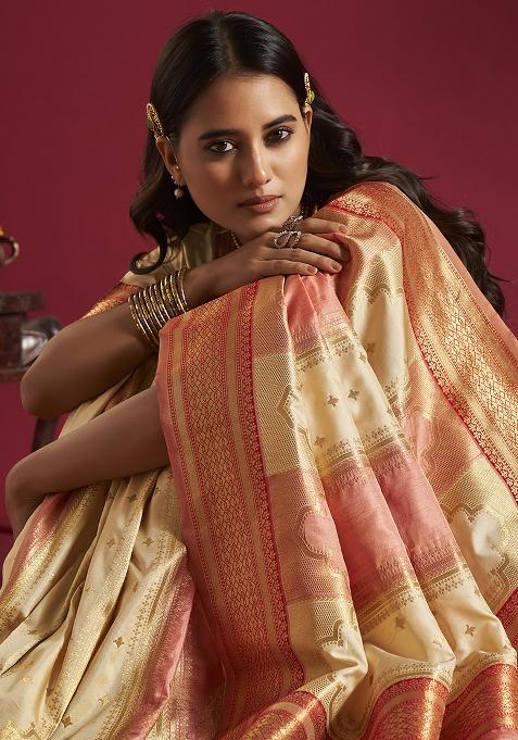 Cream And Pink Weaving Border Silk Saree Set