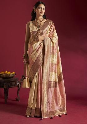 Cream And Light Pink Weaving Border Silk Saree Set