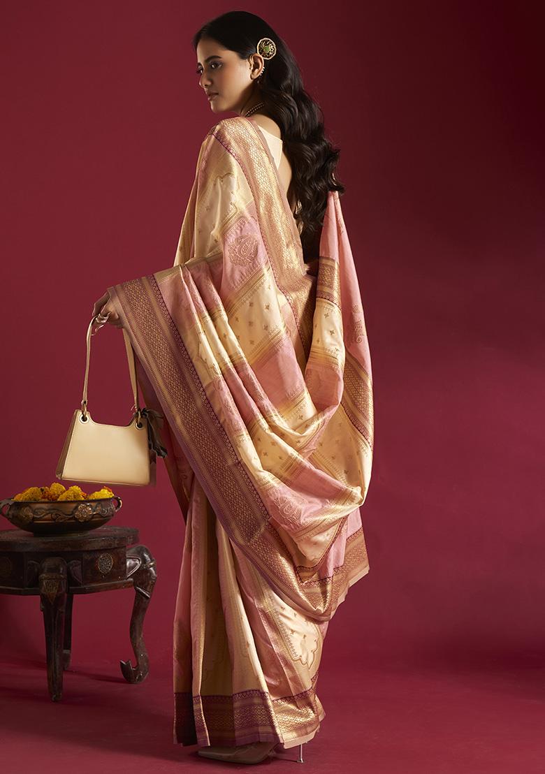 Cream And Light Pink Weaving Border Silk Saree Set - Indya