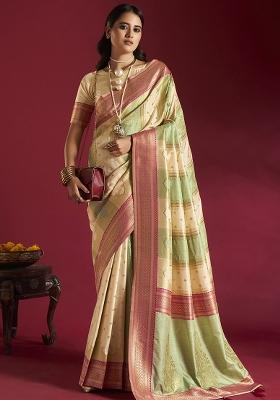 Cream And Sea Green Weaving Border Silk Saree Set