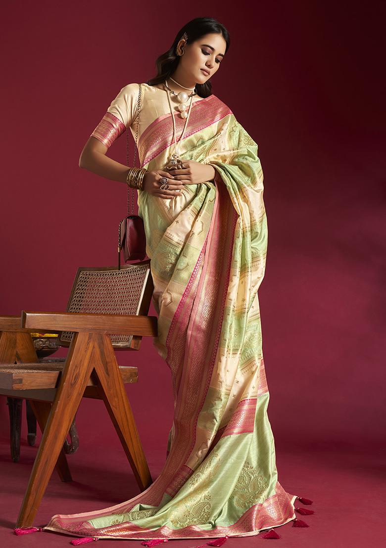 Cream And Sea Green Weaving Border Silk Saree Set