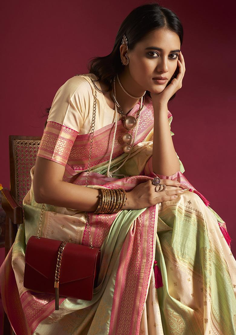 Cream And Sea Green Weaving Border Silk Saree Set