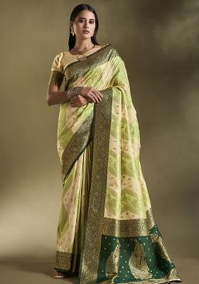 Cream And Light Green Weaving Border Silk Saree Set