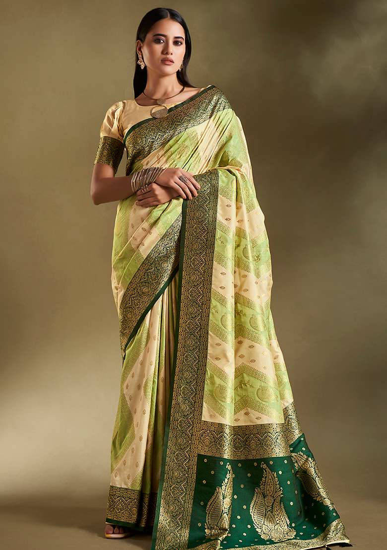 Cream And Light Green Weaving Border Silk Blend Saree Set for Diwali and Festive Wear - Indya