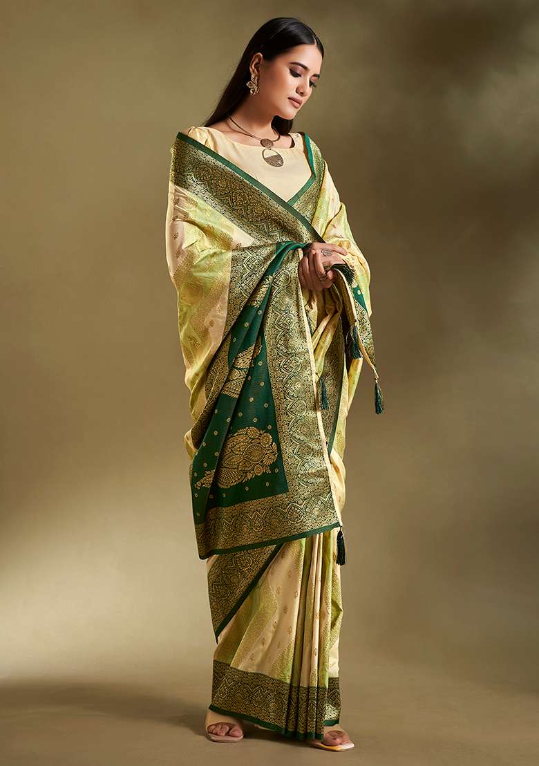 Cream And Light Green Weaving Border Silk Blend Saree Set for Diwali and Festive Wear - Indya