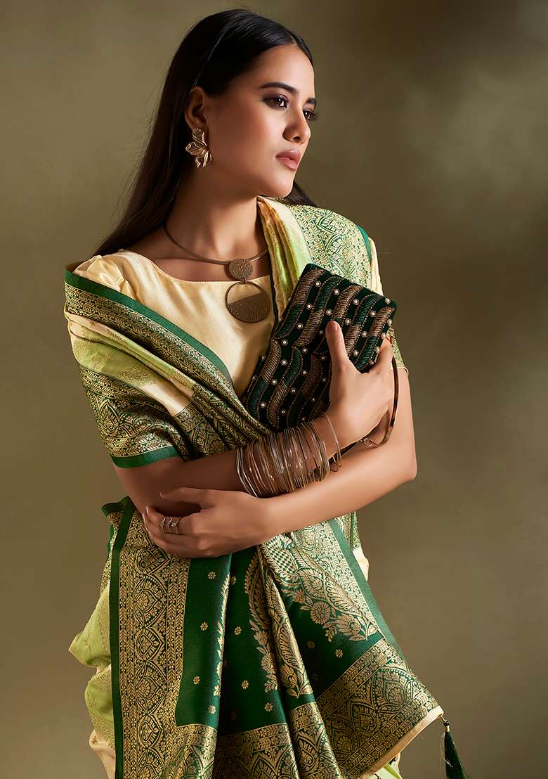 Cream And Light Green Weaving Border Silk Blend Saree Set for Diwali and Festive Wear - Indya