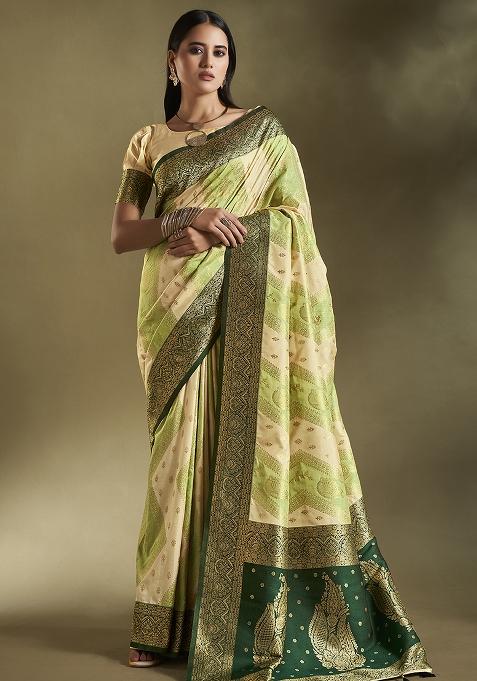 Cream And Light Green Weaving Border Silk Saree Set