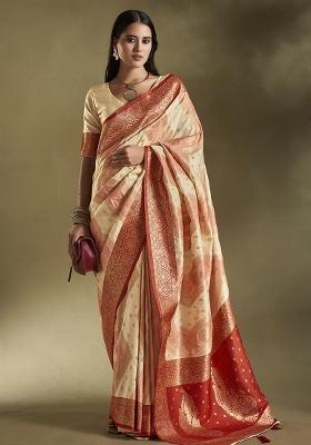 Cream And Pink Weaving Border Silk Saree Set