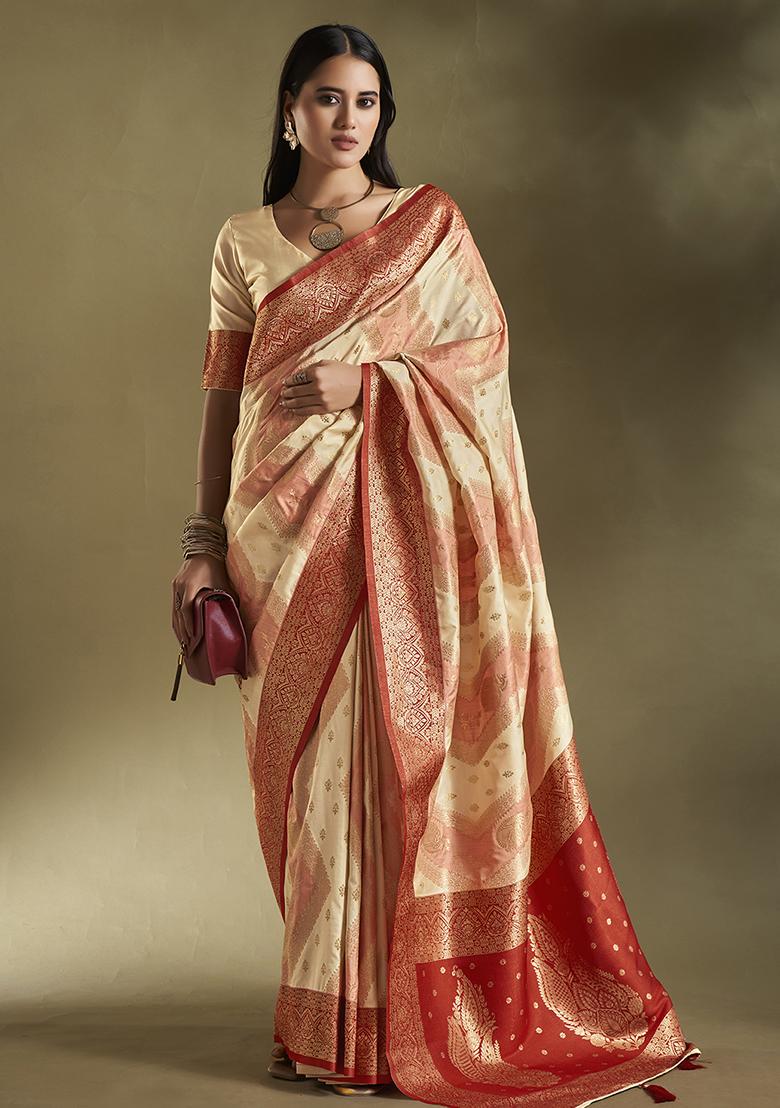 Cream And Pink Weaving Border Silk Saree Set