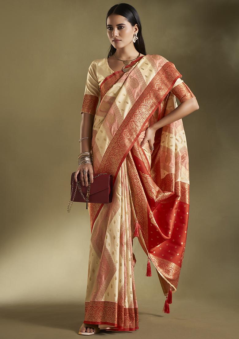 Cream And Pink Weaving Border Silk Saree Set
