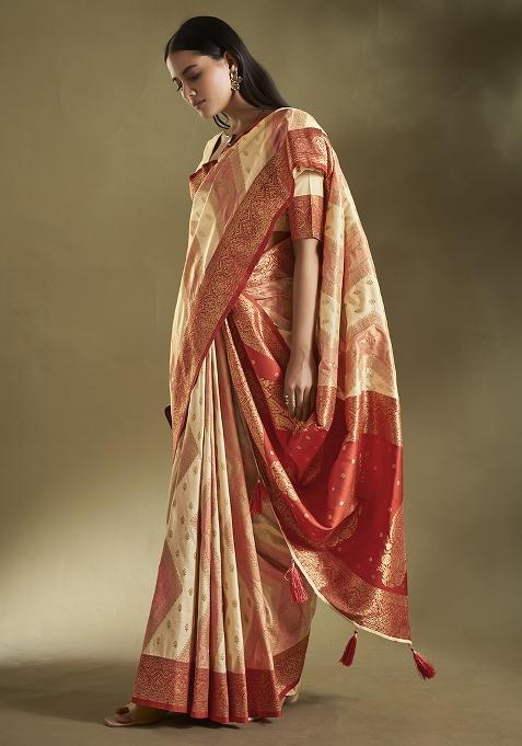 Cream And Pink Weaving Border Silk Saree Set