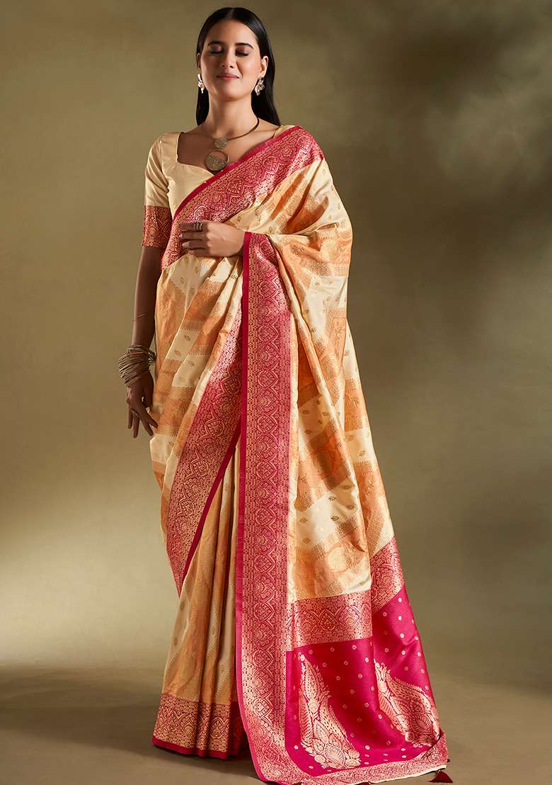 Cream And Orange Weaving Border Silk Blend Saree Set for Diwali | Wedding & Festive Wear - Indya