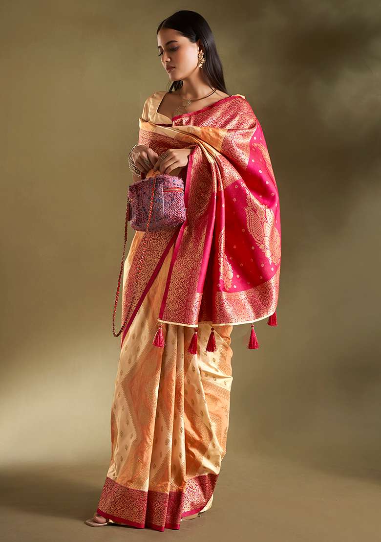 Cream And Orange Weaving Border Silk Blend Saree Set for Diwali | Wedding & Festive Wear - Indya