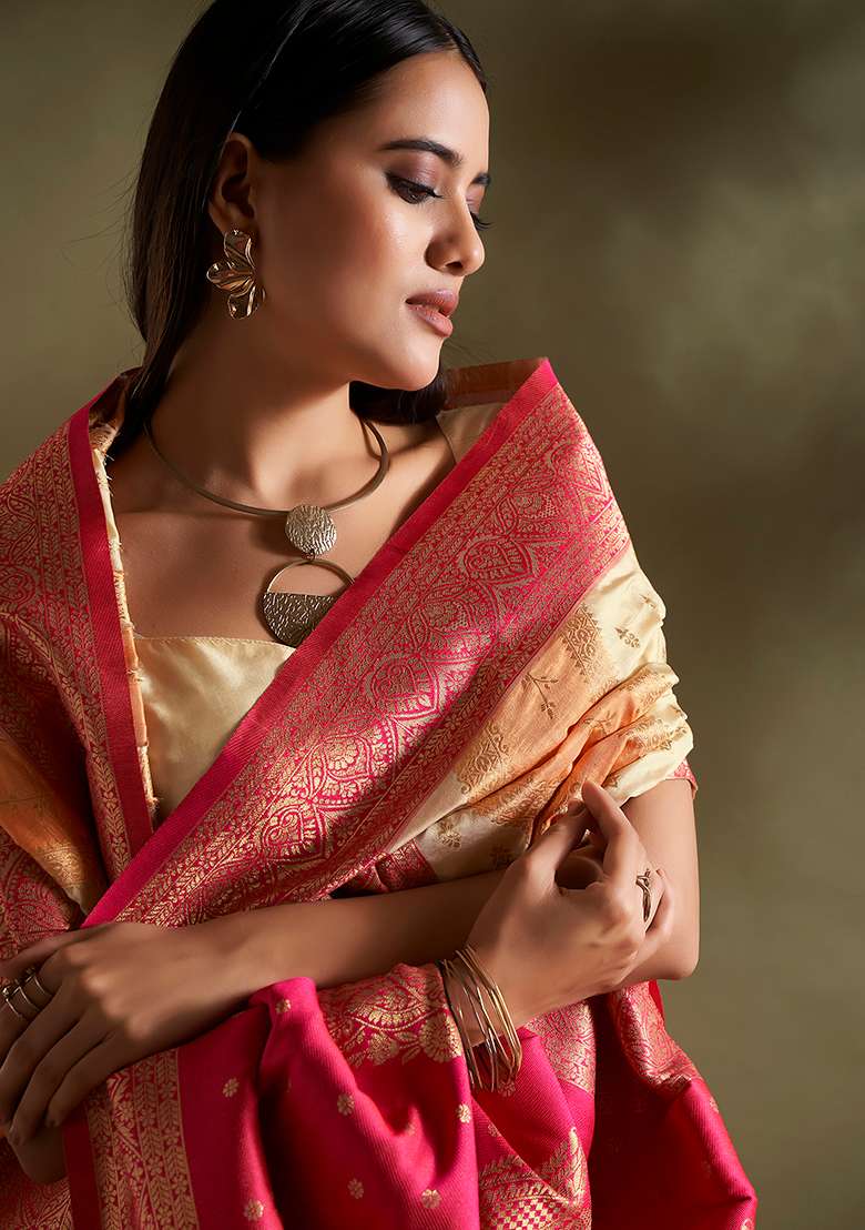 Cream And Orange Weaving Border Silk Blend Saree Set for Diwali | Wedding & Festive Wear - Indya