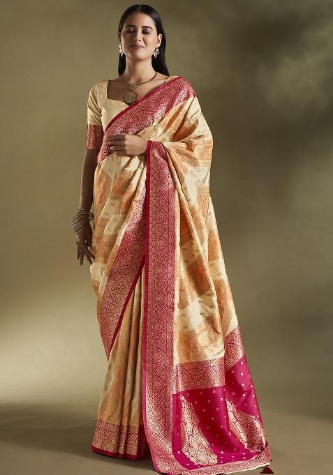Cream And Orange Weaving Border Silk Saree Set