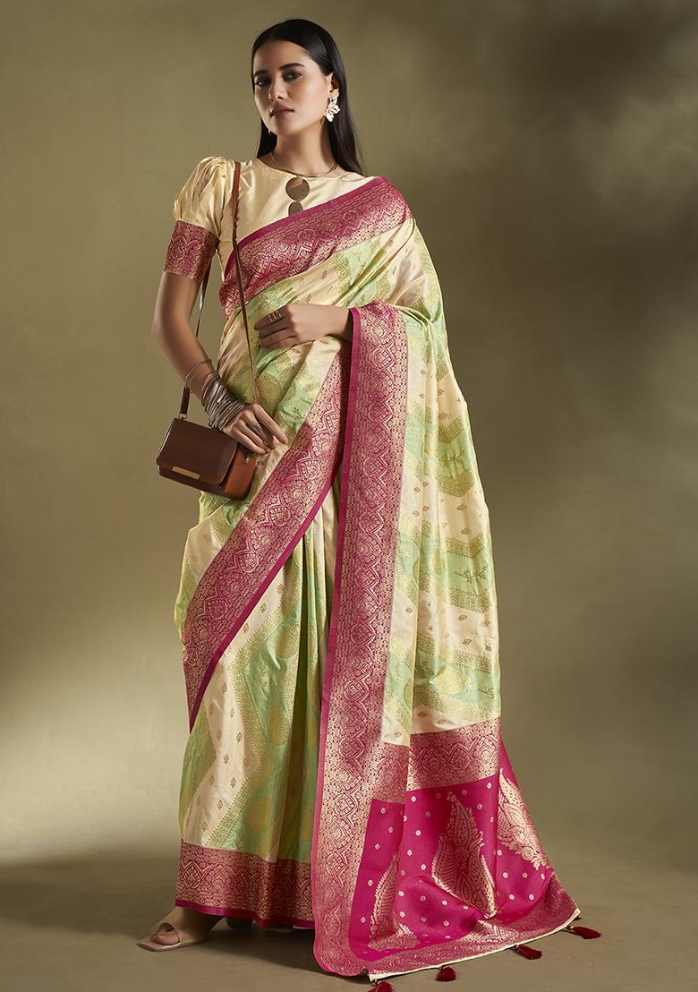 Cream And Sea Green Weaving Border Silk Saree Set