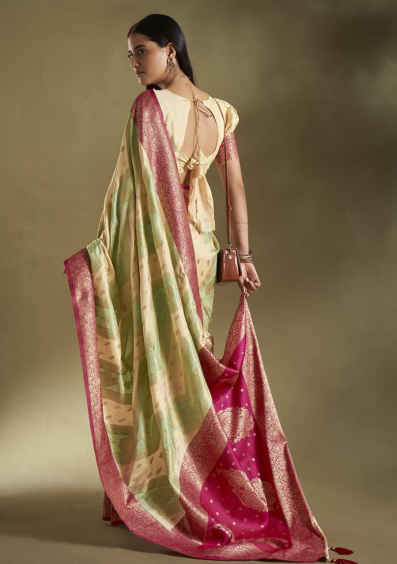 Cream And Sea Green Weaving Border Silk Saree Set - Indya