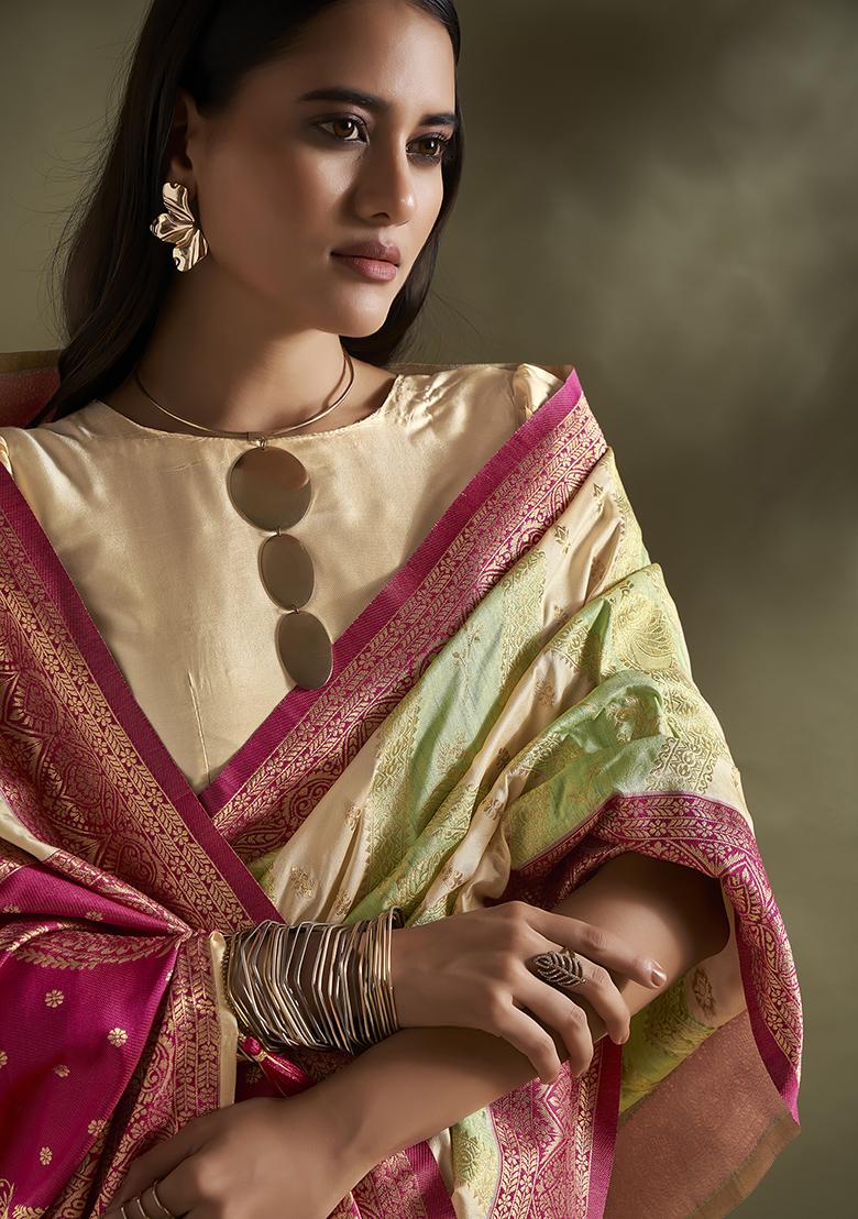 Cream And Sea Green Weaving Border Silk Saree Set